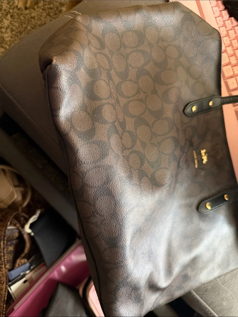 Coach Brown Signature Monogram Tote with Gold Accent